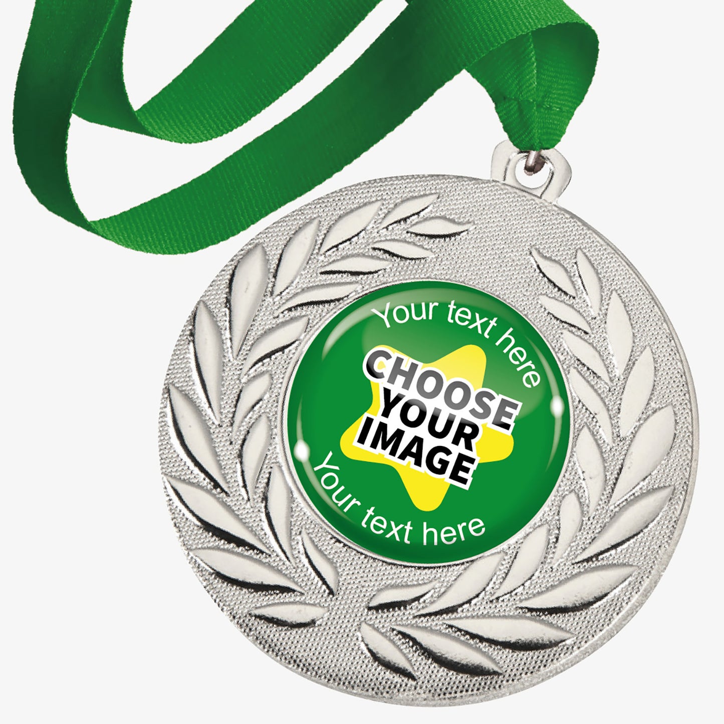 Silver medal with wreath design and green ribbon, with customisable text and image area