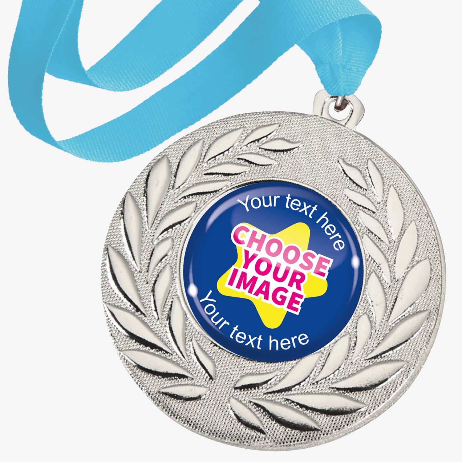 Silver medal with wreath design and cyan ribbon with customisable text and image area, on a white background.