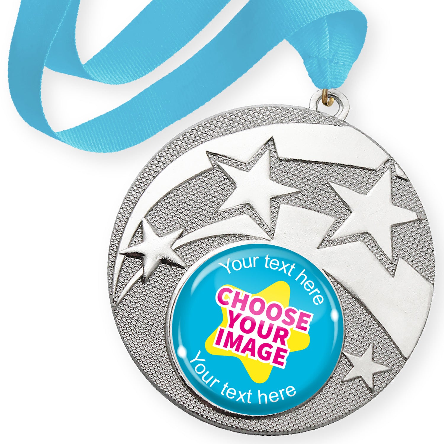 Silver medal with star design and cyan ribbon with customisable text and image area, on a white background.