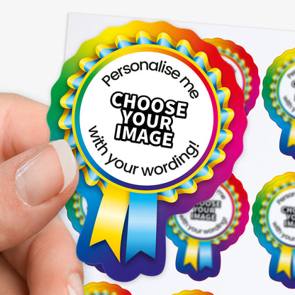 Colorful customizable badge with text 'Personalise me, choose your image with your wording!' held by a hand.