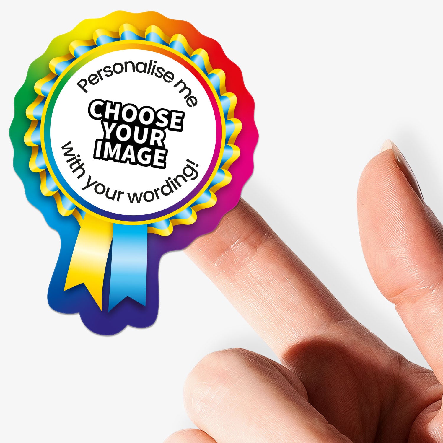 Colorful badge with text 'Personalise me, choose your image with your wording!' held by a hand.
