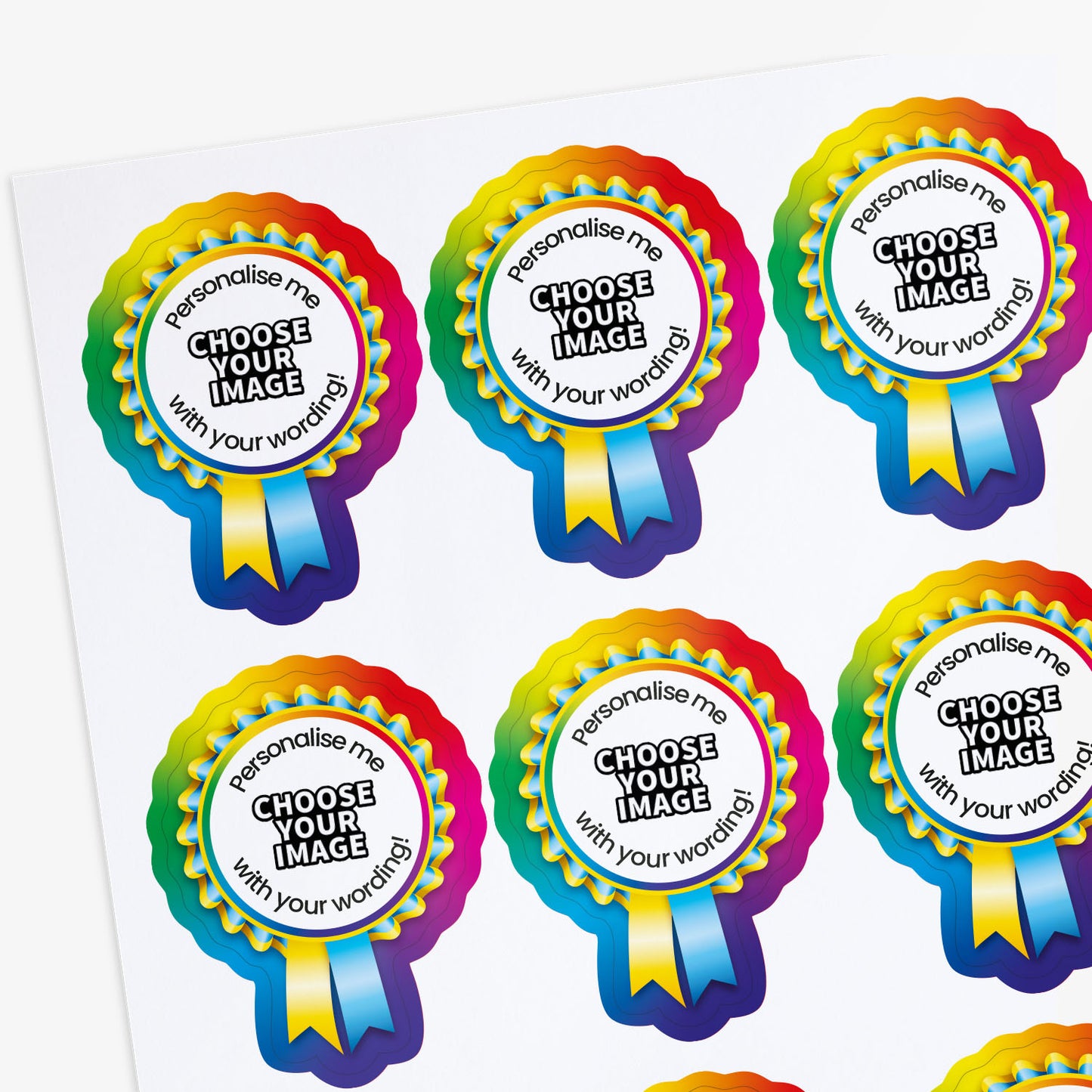 Colorful rosette badges with customizable text on a white background