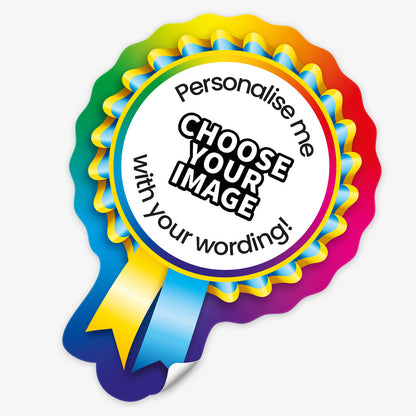 Colorful badge with text 'Personalise me, choose your image with your wording!' on a white background