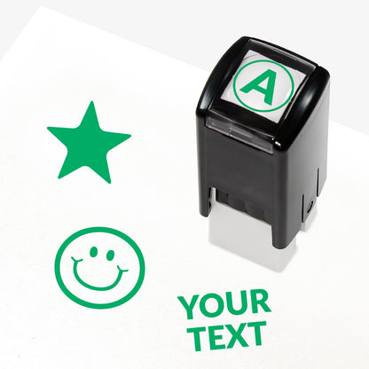 Customisable red self-inking 10mm stamper with the placeholder text 'YOUR TEXT' in bold red, alongside alternative options for icons such as smiling face or star, indicating space for a personalised image or message.