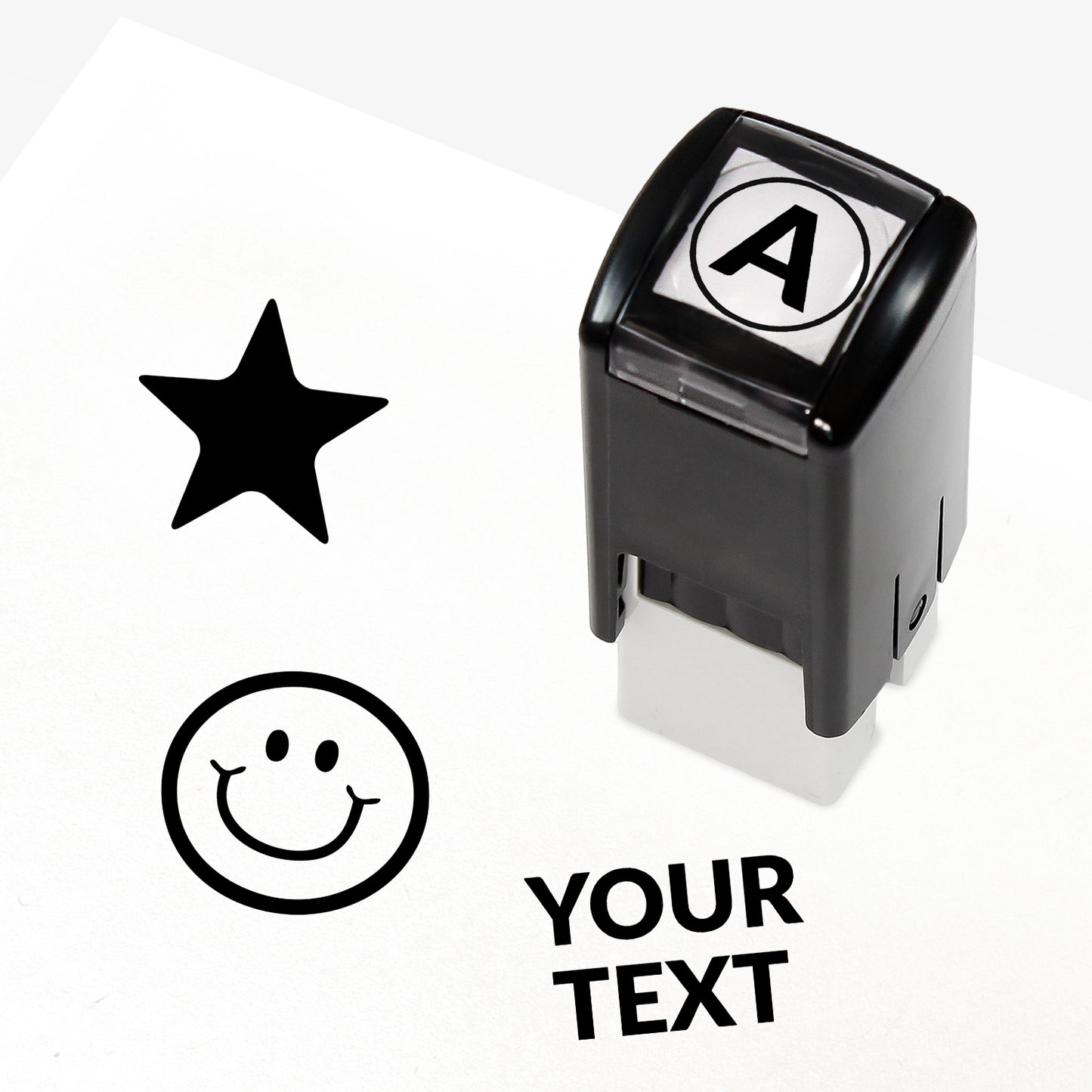 Sheet showing icons such as hairdressing scissors, music note alongside individual letters within a circle and 'YOUR TEXT'
