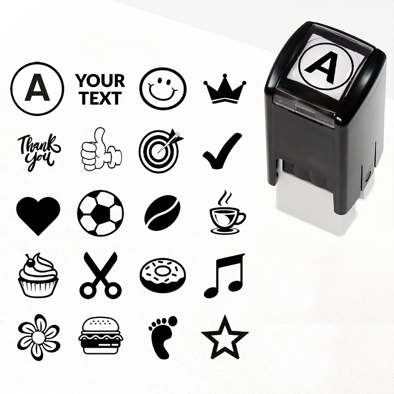 Customisable blue self-inking 10mm stamper with the placeholder text 'YOUR TEXT' in bold blue, alongside alternative options for icons such as smiling face or star, indicating space for a personalised image or message.