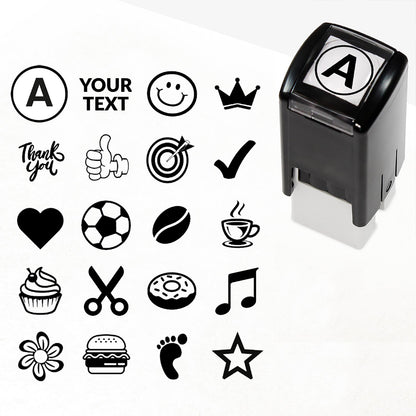 Customisable blue self-inking 10mm stamper with the placeholder text 'YOUR TEXT' in bold blue, alongside alternative options for icons such as smiling face or star, indicating space for a personalised image or message.