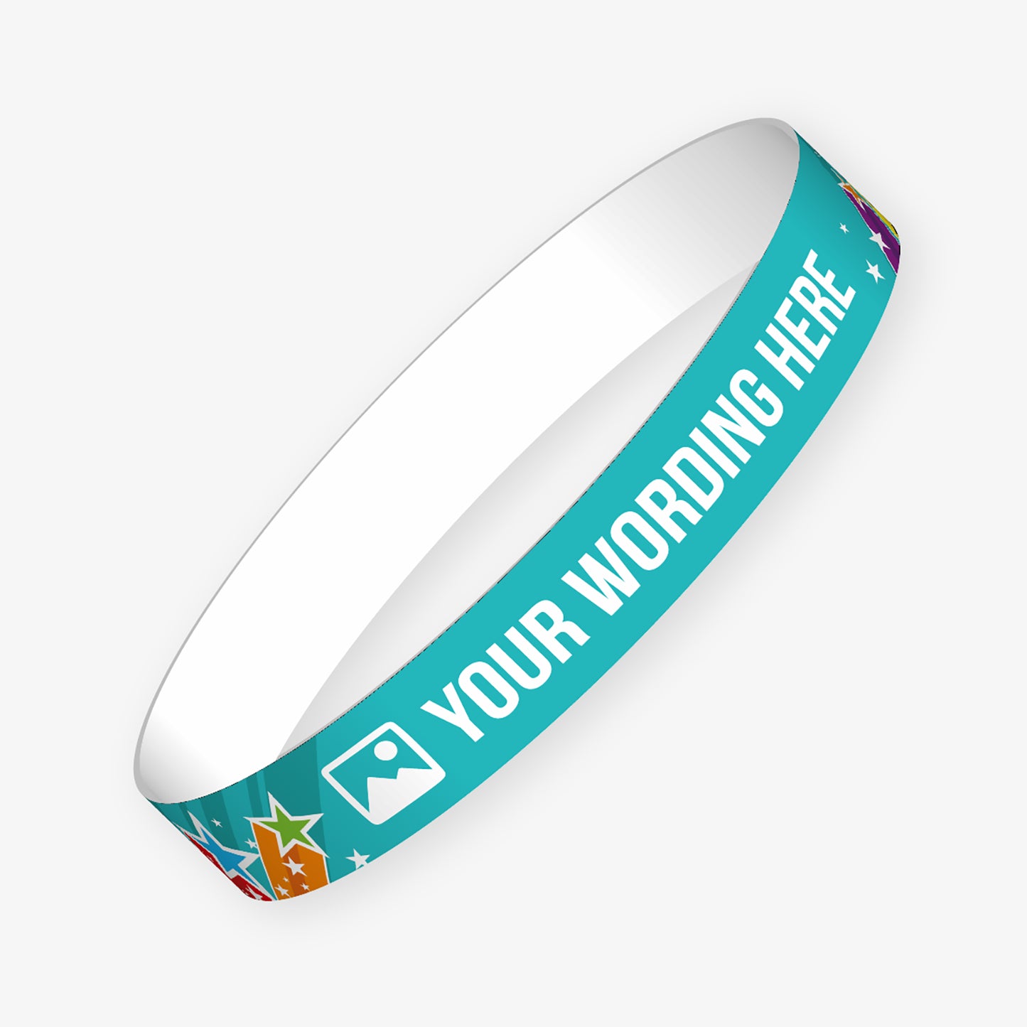 A customisable wristband with a cyan background with shooting stars of vibrant colours.  The centre is displaying the placeholder text 'YOUR WORDING HERE' alongside an 'choose image' icon. 