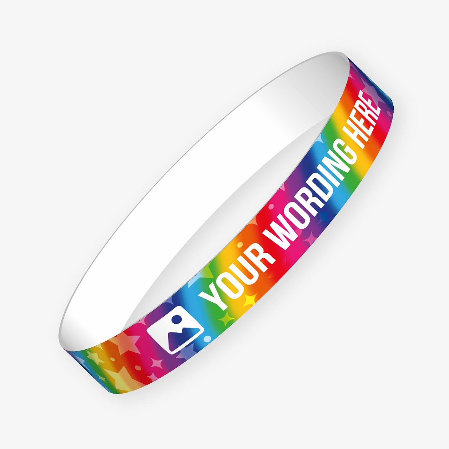 A customisable wristband with a rainbow background with various stars showing as watermarks.  The centre is displaying the placeholder text 'YOUR WORDING HERE' alongside an 'choose image' icon. 