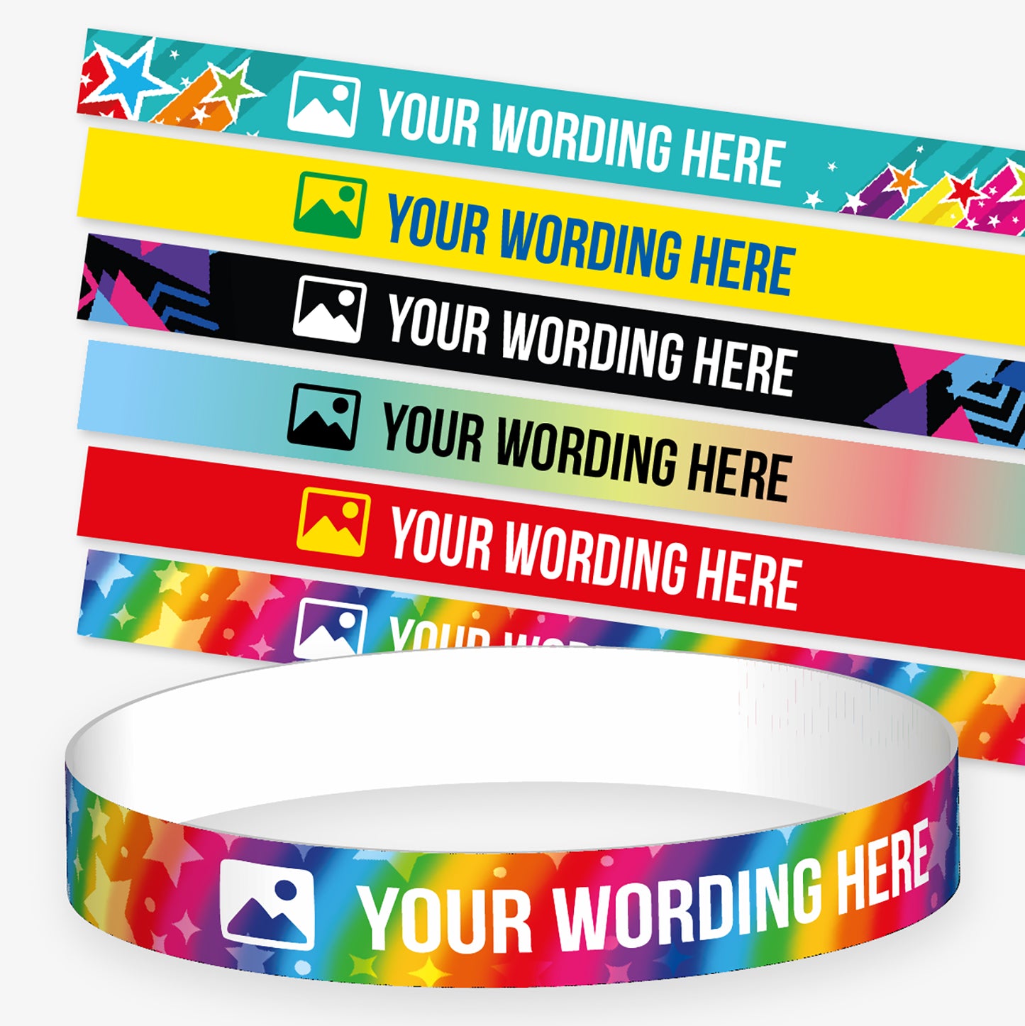 A selection of customisable wristbands in various colourful designs, each displaying the placeholder text 'YOUR WORDING HERE' alongside an icon. Background themes include stars, galaxies, planets, and rainbows. 