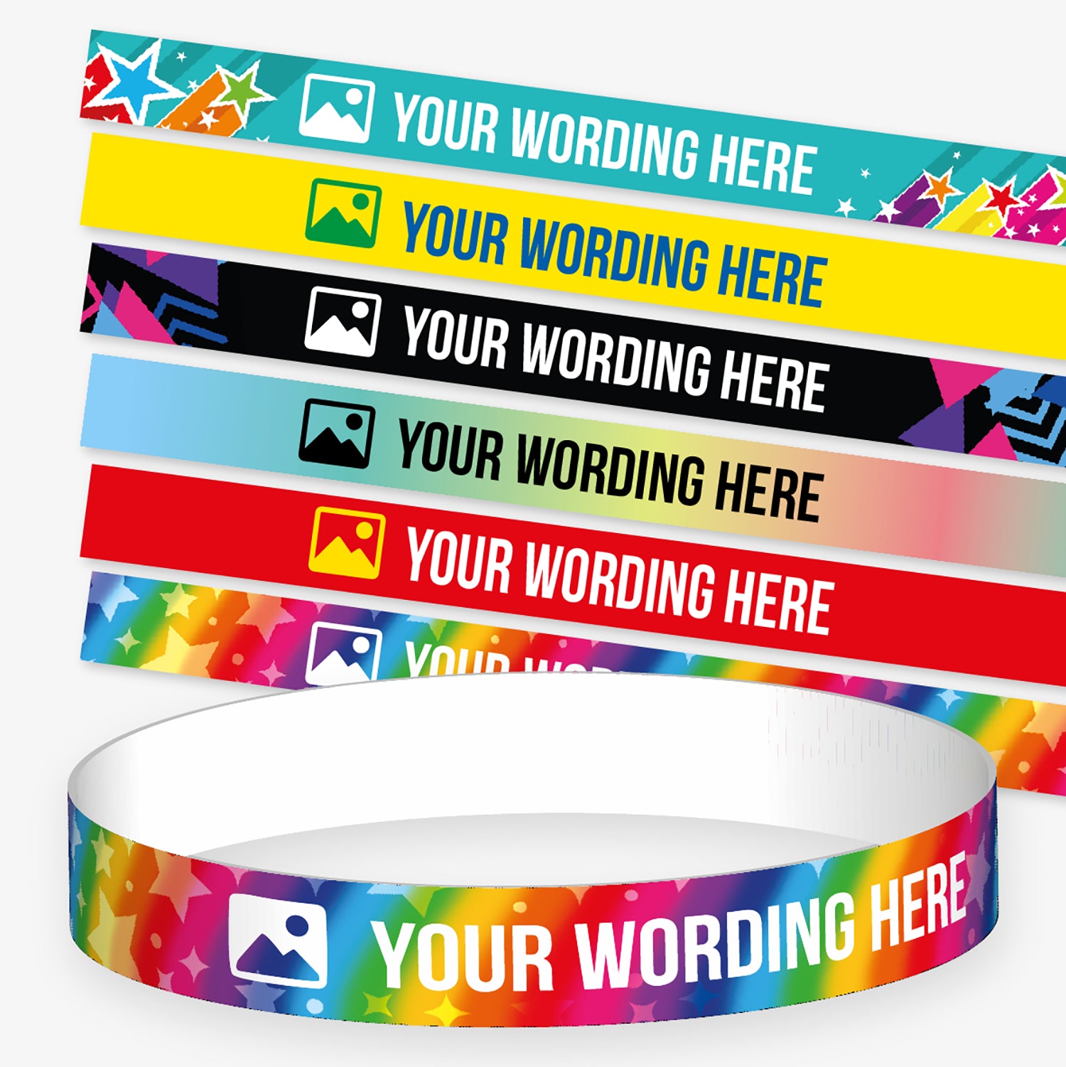 A selection of customisable wristbands in various colourful designs, each displaying the placeholder text 'YOUR WORDING HERE' alongside an icon. Background themes include stars, galaxies, planets, and rainbows. 