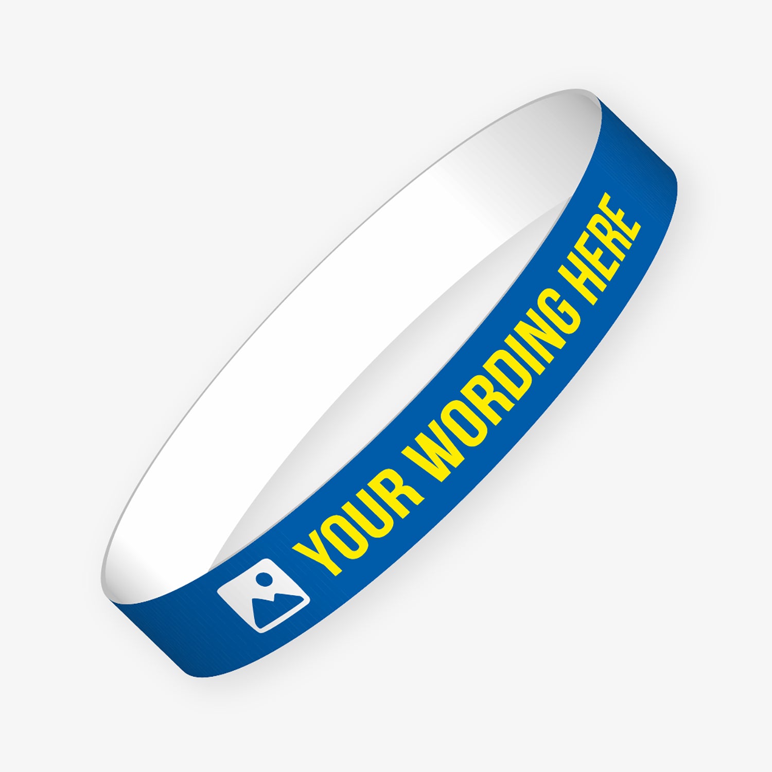 A customisable wristband with a blue background and yellow text.  The centre is displaying the placeholder text 'YOUR WORDING HERE' alongside an 'choose image' icon. 