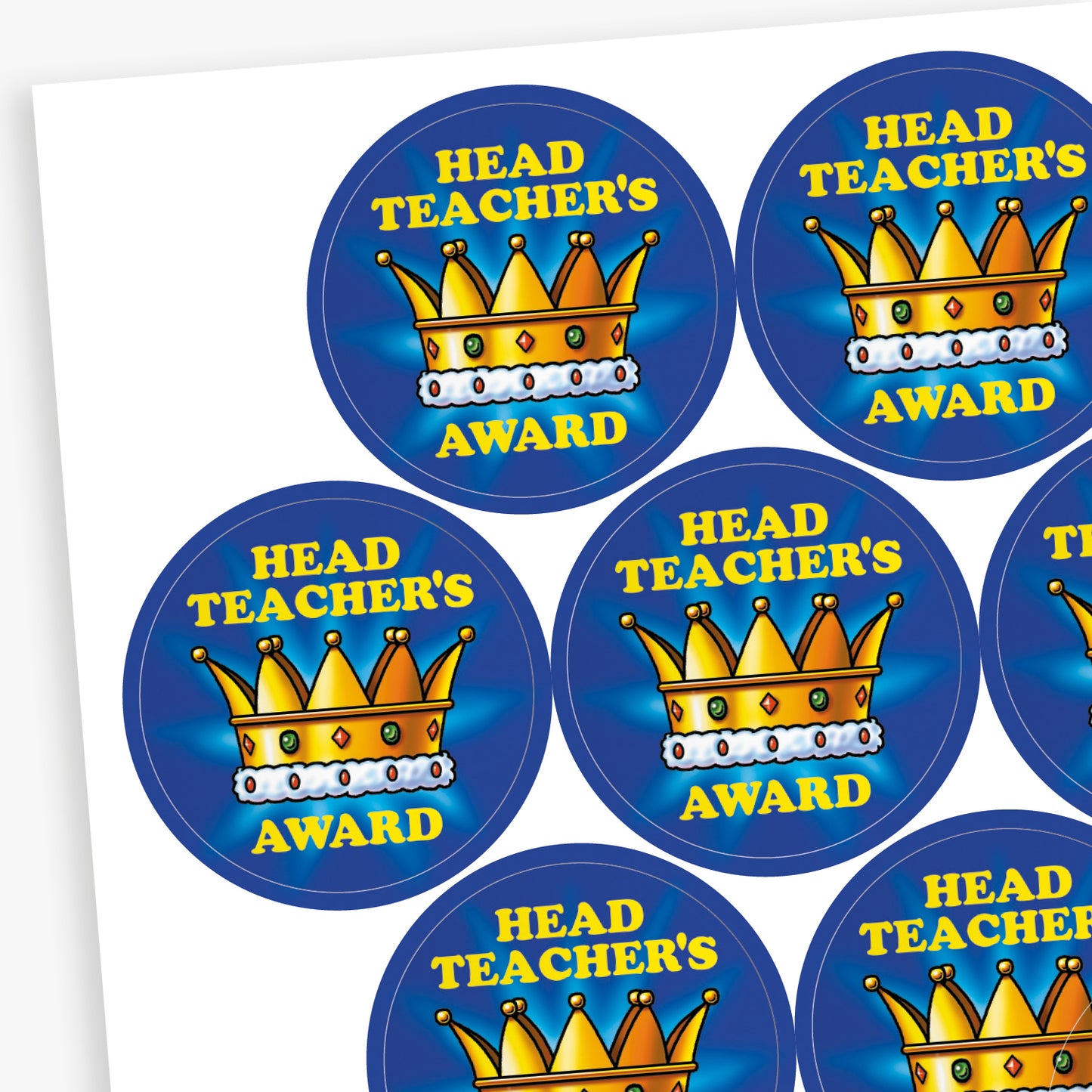 A sheet of 37mm round 'Head Teacher's Award' stickers featuring a golden crown with 5 jewels centrally, set against a dark blue background. The text 'Head Teacher's Award' is displayed in bold yellow letters.