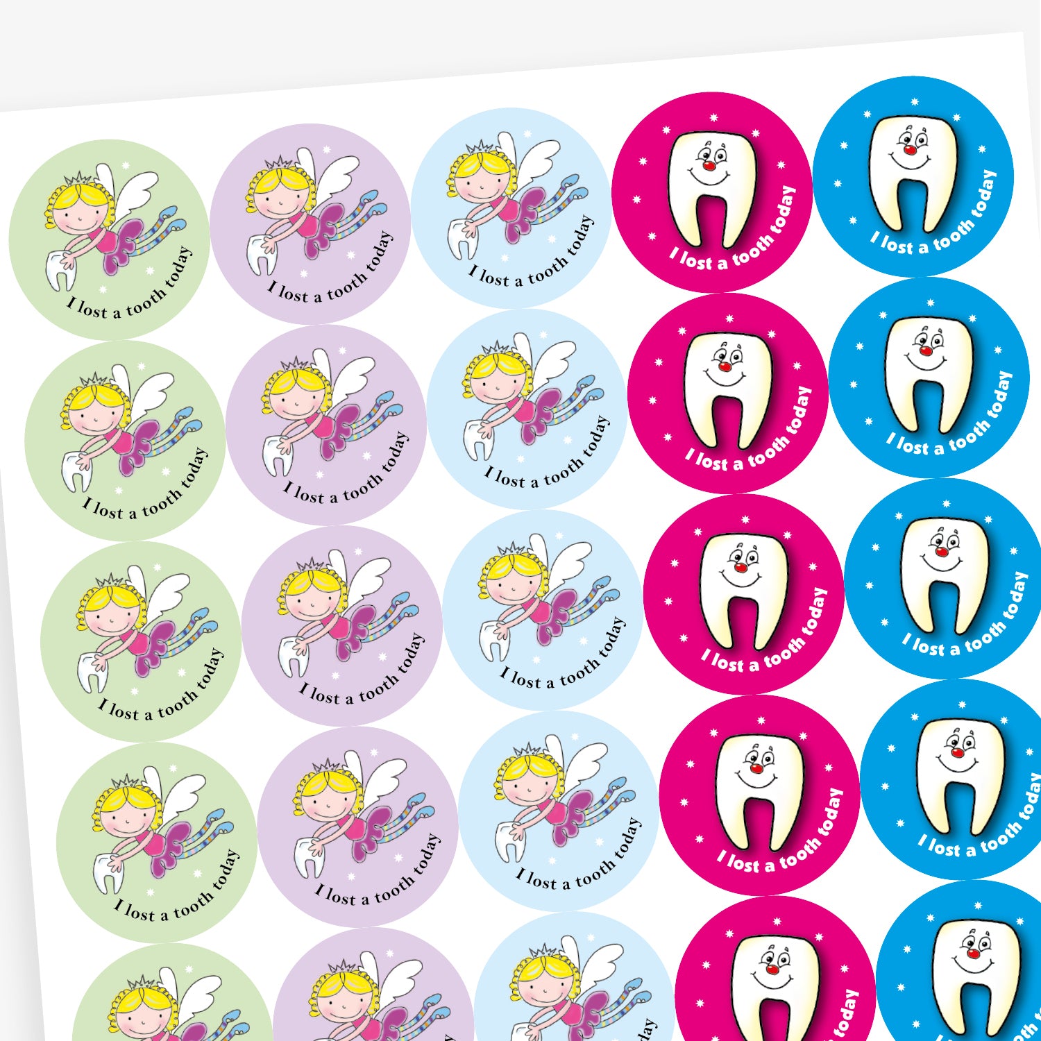 Overview of a sheet of circular stickers with pastel coloured backgrounds all saying 'I lost a tooth today'.  Each sticker has the main image of the tooth fairy flying and carrying a tooth.