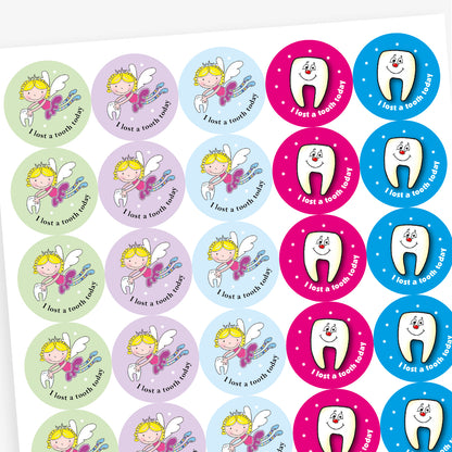 Overview of a sheet of circular stickers with pastel coloured backgrounds all saying 'I lost a tooth today'.  Each sticker has the main image of the tooth fairy flying and carrying a tooth.
