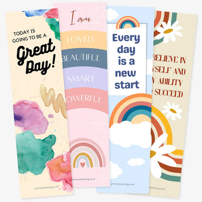 A set of motivational bookmarks with uplifting messages and cheerful designs. Texts include: 'Today is going to be a great day!', 'I am loved, beautiful, smart, powerful', 'Every day is a new start', and 'I believe in myself and my ability to succeed'. Designs feature rainbows, clouds, flowers, and soft pastel tones.