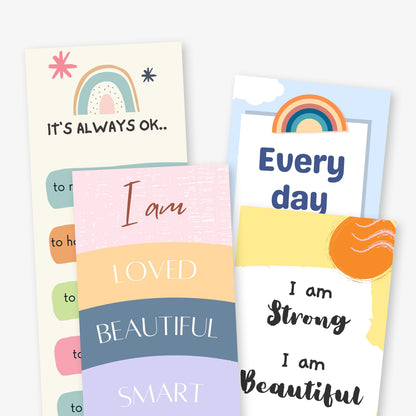 A set of motivational bookmarks with uplifting messages and cheerful designs. Texts include: 'Today is going to be a great day!', 'I am loved, beautiful, smart, powerful', 'Every day is a new start', and 'I believe in myself and my ability to succeed'. Designs feature rainbows, clouds, flowers, and soft pastel tones.