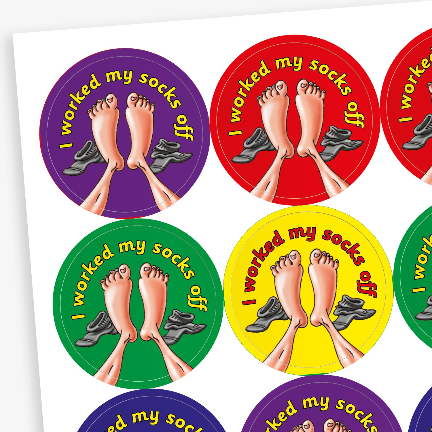 A sheet of circular stickers with clean linen scent.  Each featuring a a pair of feet with socks to the side on brightly coloured backgrounds of red, purple, yellow, blue and green.  Phrase above the image is 'I worked my socks off'