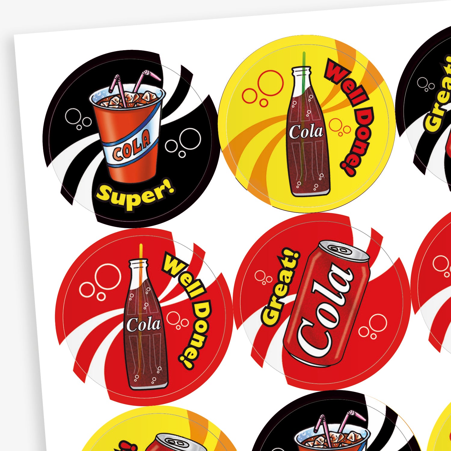 Sheets of 32mm circular stickers featuring various cola-themed designs, including cola bottles, cans, and cups with straws, each accompanied by motivational phrases such as 'Well Done', 'Great', and 'Super', designed to emit a cola scent when rubbed.