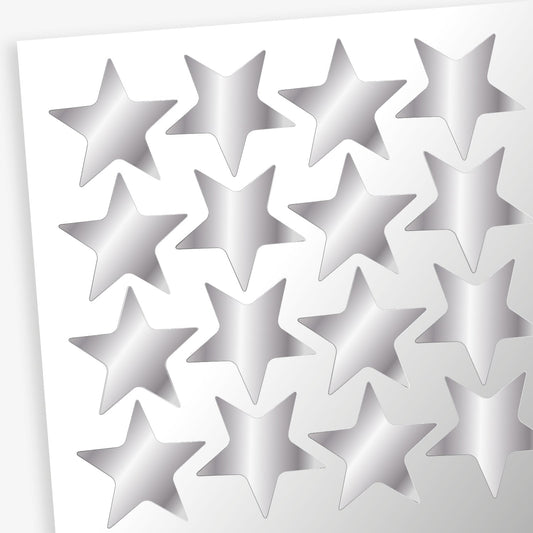 A sheet of 140 metallic silver star stickers.  20mm in size.