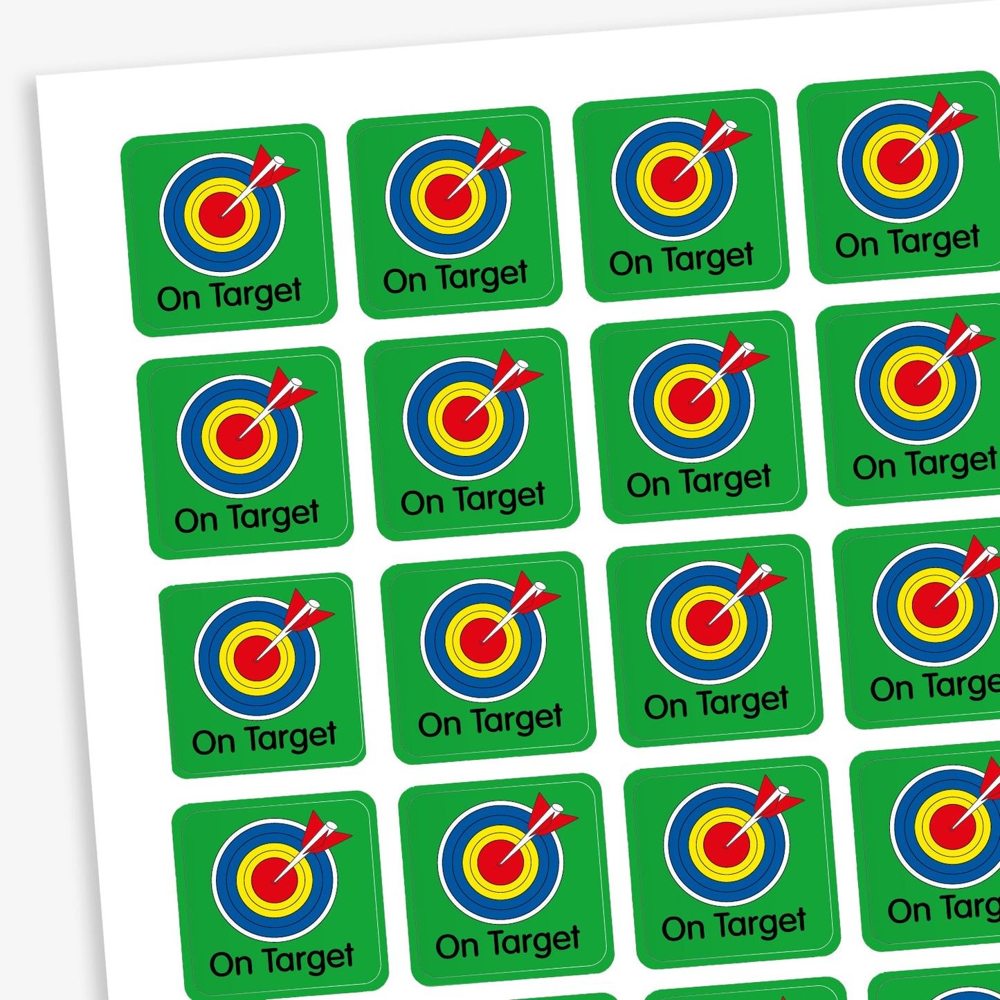 A sheet of 140 square 16mm reward stickers, each featuring the phrase 'On Target' in black text below an archery target with an arrow in the bullseye, set against a vibrant green background.