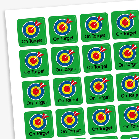 A sheet of 140 square 16mm reward stickers, each featuring the phrase 'On Target' in black text below an archery target with an arrow in the bullseye, set against a vibrant green background.