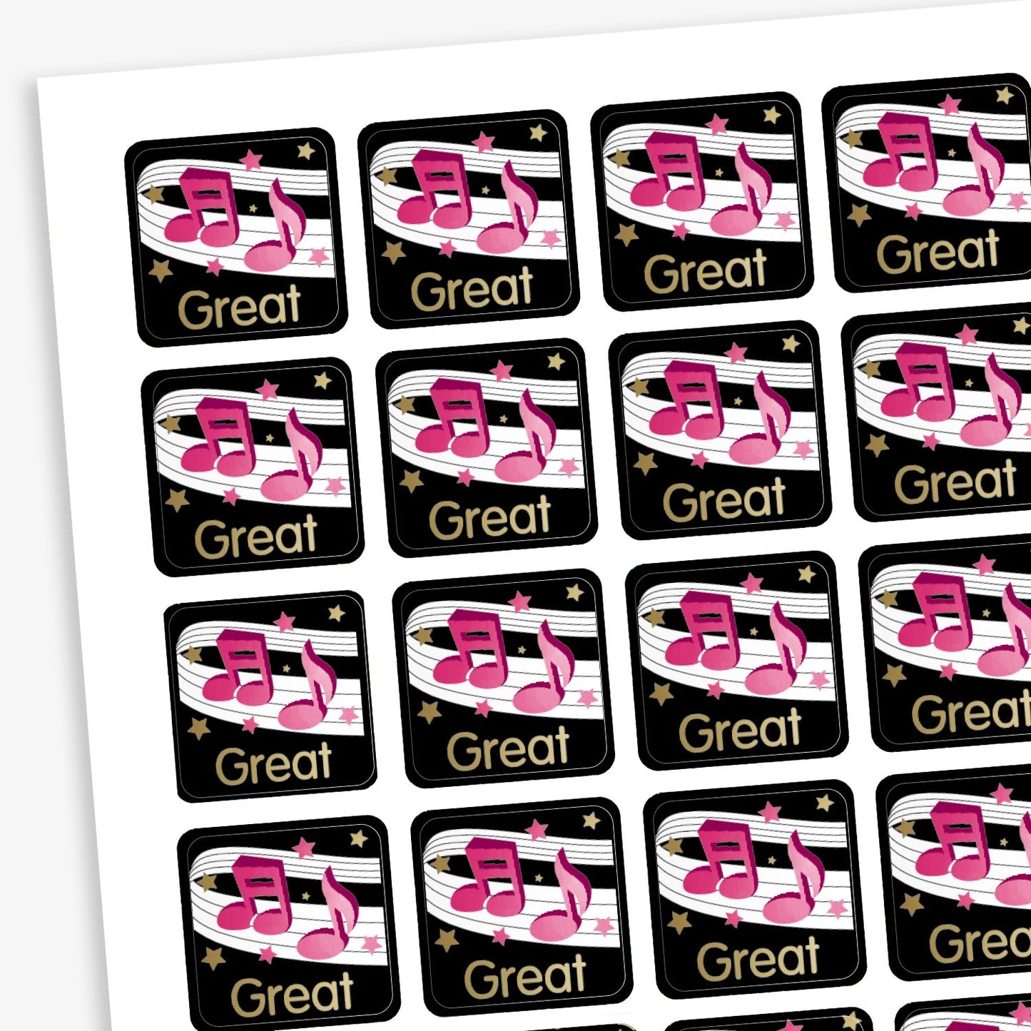 A sheet of 140 square 16mm reward stickers, each featuring the word 'Great' in bold gold text, set against a black background with a score of music and bold pink musical notes on it.