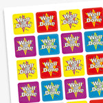 A sheet of colourful square reward stickers featuring the phrase 'Well Done' in white text with a starburst background. The stickers come in red, yellow, blue, and purple, each with a decorative star and confetti design.