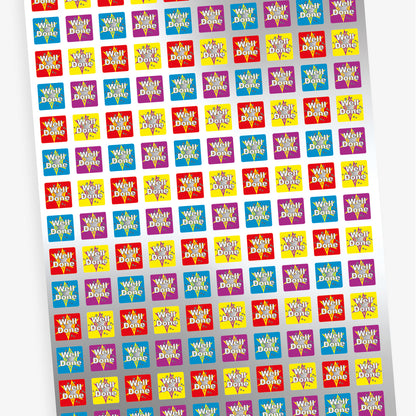 A sheet of colourful square reward stickers featuring the phrase 'Well Done' in white text with a starburst background. The stickers come in red, yellow, blue, and purple, each with a decorative star and confetti design.