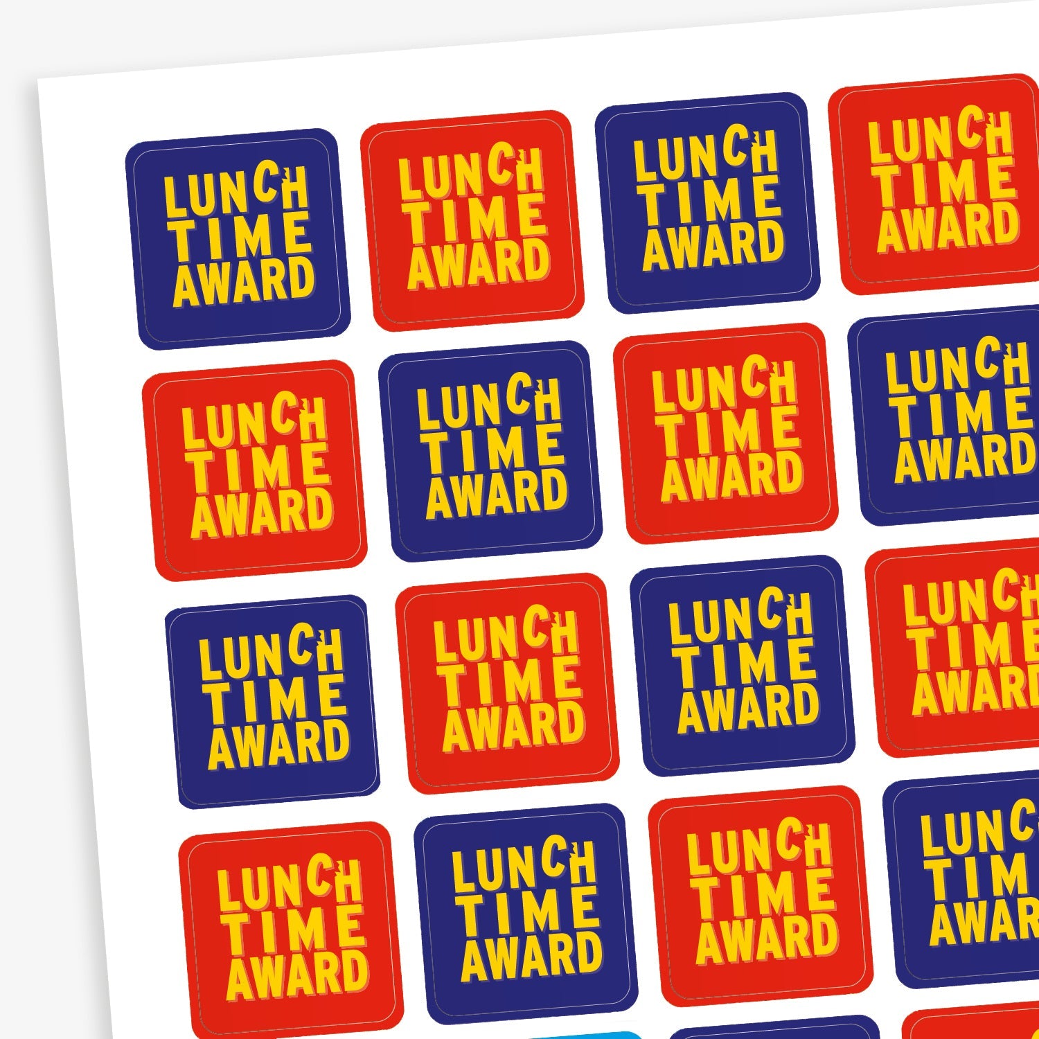 A sheet of 140 square 16mm reward stickers, each featuring the phrase 'Lunch Time Award' in bold yellow text, set against either a vibrant red or blue background.