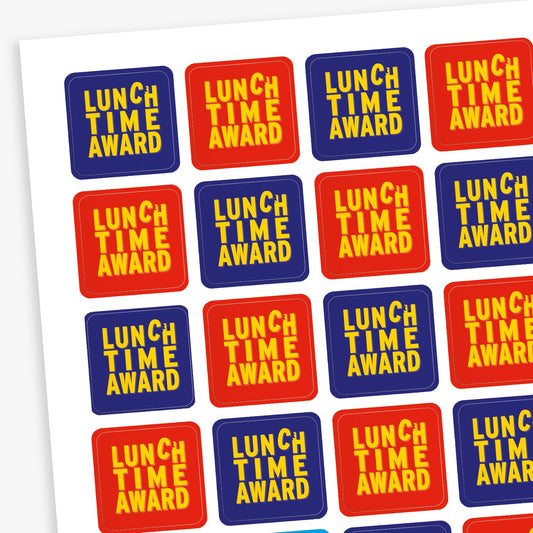 A sheet of 140 square 16mm reward stickers, each featuring the phrase 'Lunch Time Award' in bold yellow text, set against either a vibrant red or blue background.