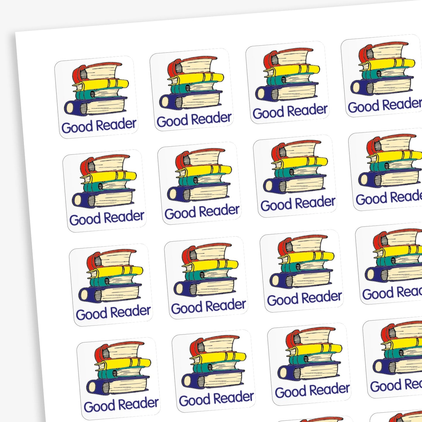A sheet of 140 square 16mm reward stickers, each featuring the phrase 'Good Reader' in bold text, set against a white background with a stack of 4 books illustration.