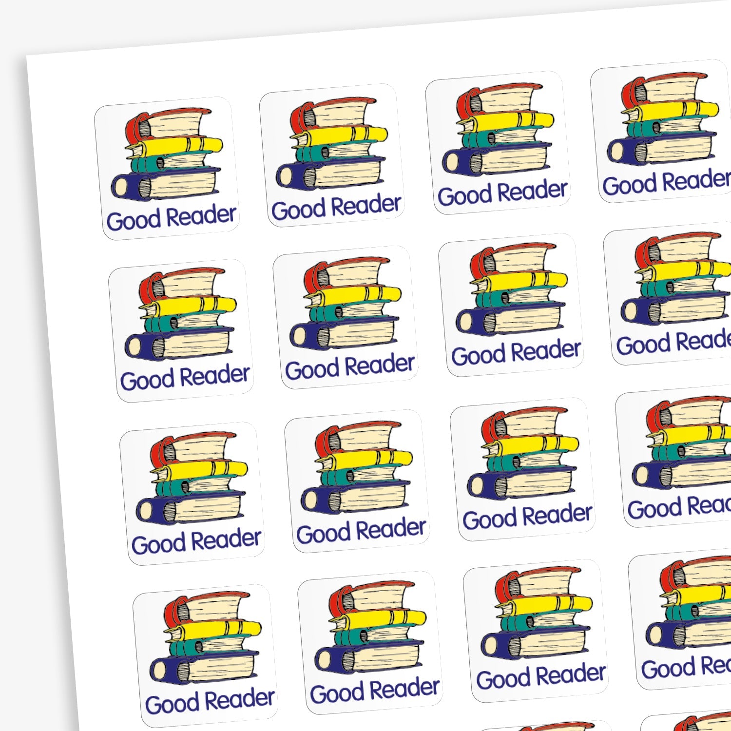A sheet of 140 square 16mm reward stickers, each featuring the phrase 'Good Reader' in bold text, set against a white background with a stack of 4 books illustration.