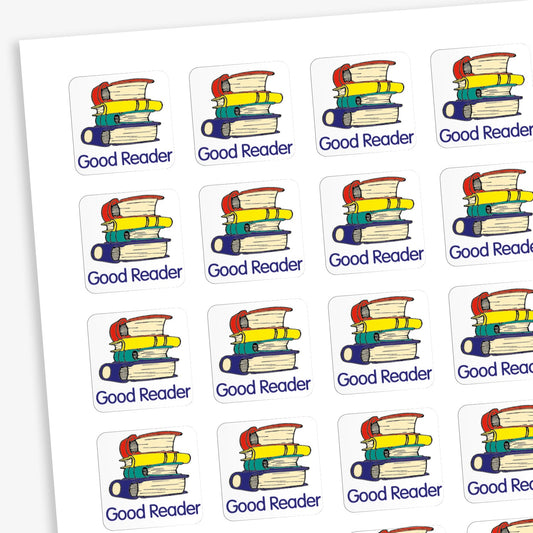 A sheet of 140 square 16mm reward stickers, each featuring the phrase 'Good Reader' in bold text, set against a white background with a stack of 4 books illustration.