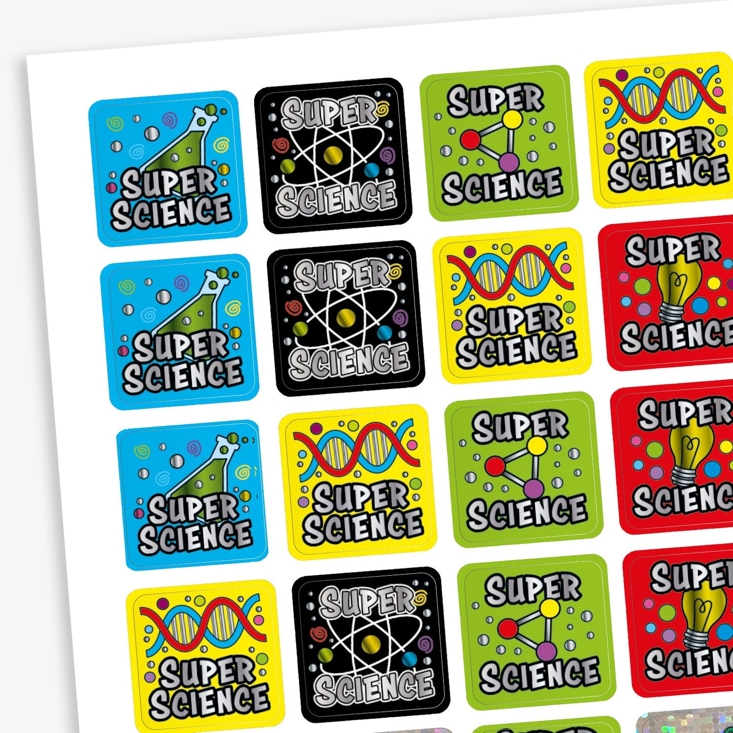 A sheet of 140 square 16mm metallic science-themed reward stickers, each featuring the phrase 'Super Science' in bold text, set against vibrant backgrounds with illustrations such as DNA strands, atoms, and laboratory equipment, designed to motivate and reward pupils for their achievements in science.