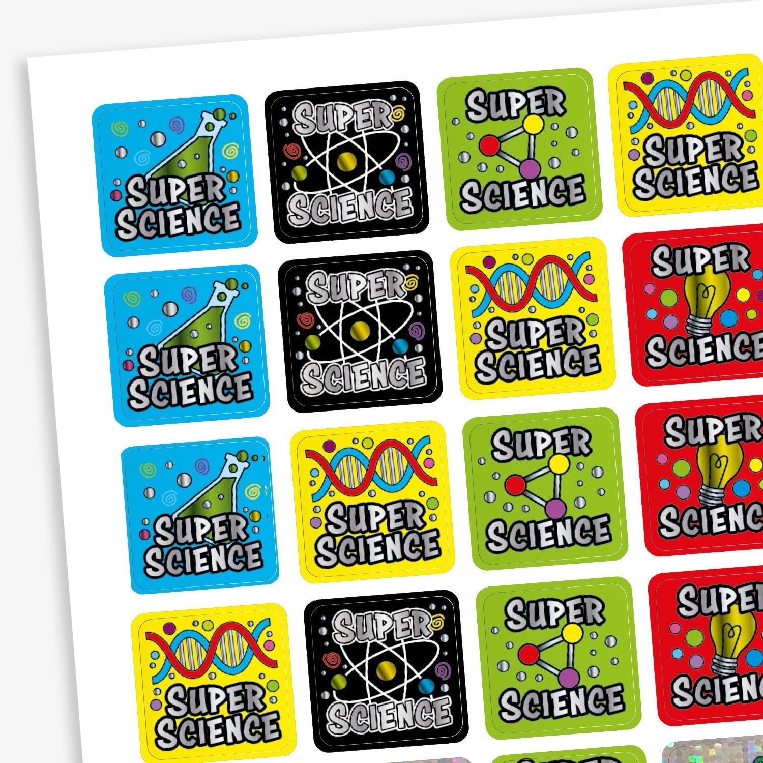 A sheet of 140 square 16mm metallic science-themed reward stickers, each featuring the phrase 'Super Science' in bold text, set against vibrant backgrounds with illustrations such as DNA strands, atoms, and laboratory equipment, designed to motivate and reward pupils for their achievements in science.