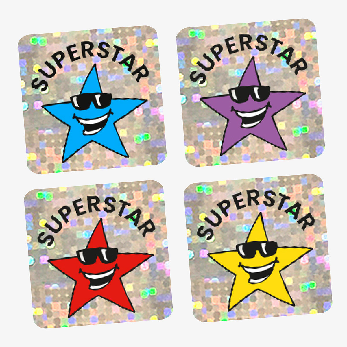 Square holographic 'Superstar' stickers featuring 4 alternating assorted coloured cartoon stars wearing sunglasses. Each star has the word 'SUPERSTAR' in a curved black font above it, set against a sparkly silver background.