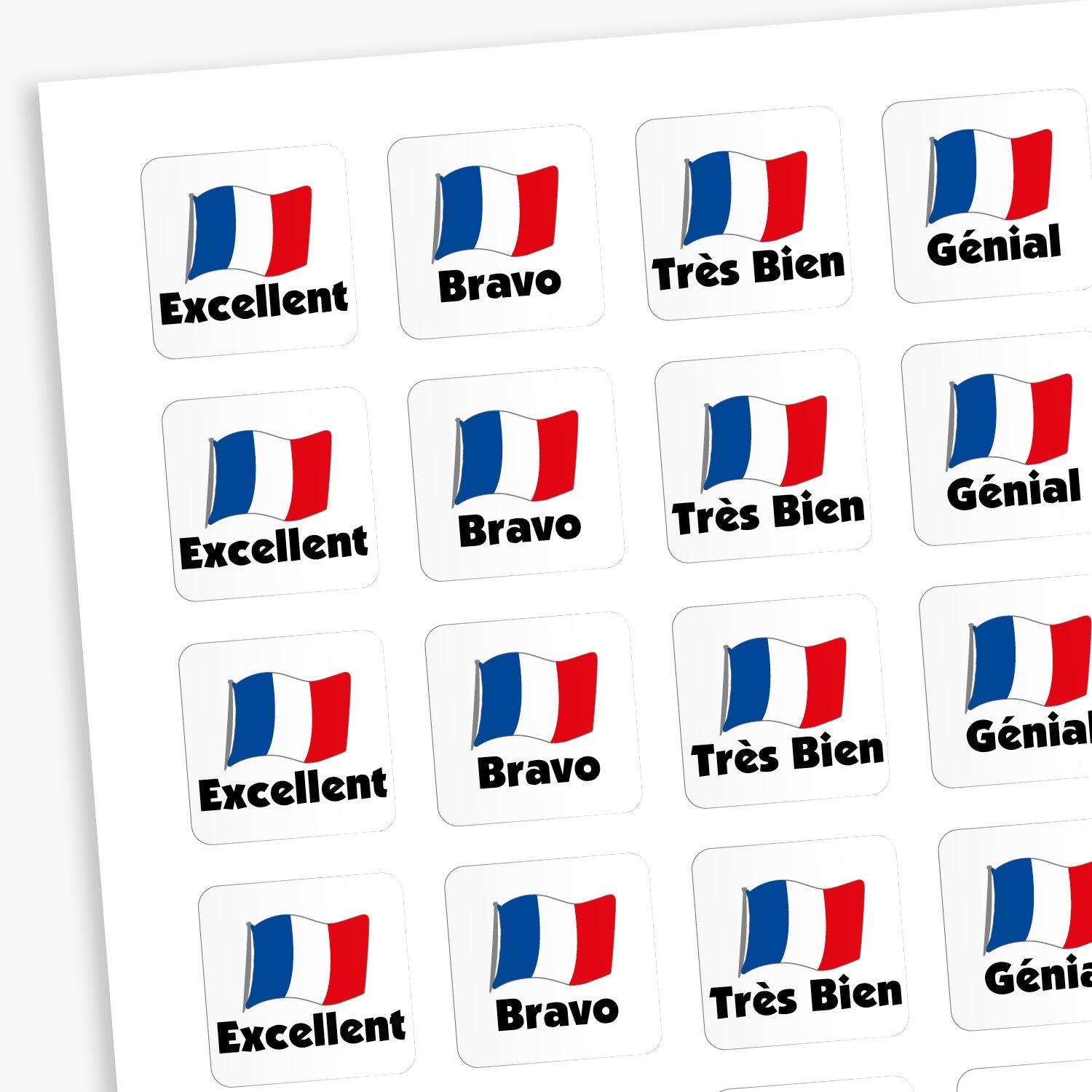 A sheet displaying 140 assorted 16mm square reward stickers, featuring a French flag on a white background with French phrases such as 'Excellent', 'Bravo', and 'Très Bien'.