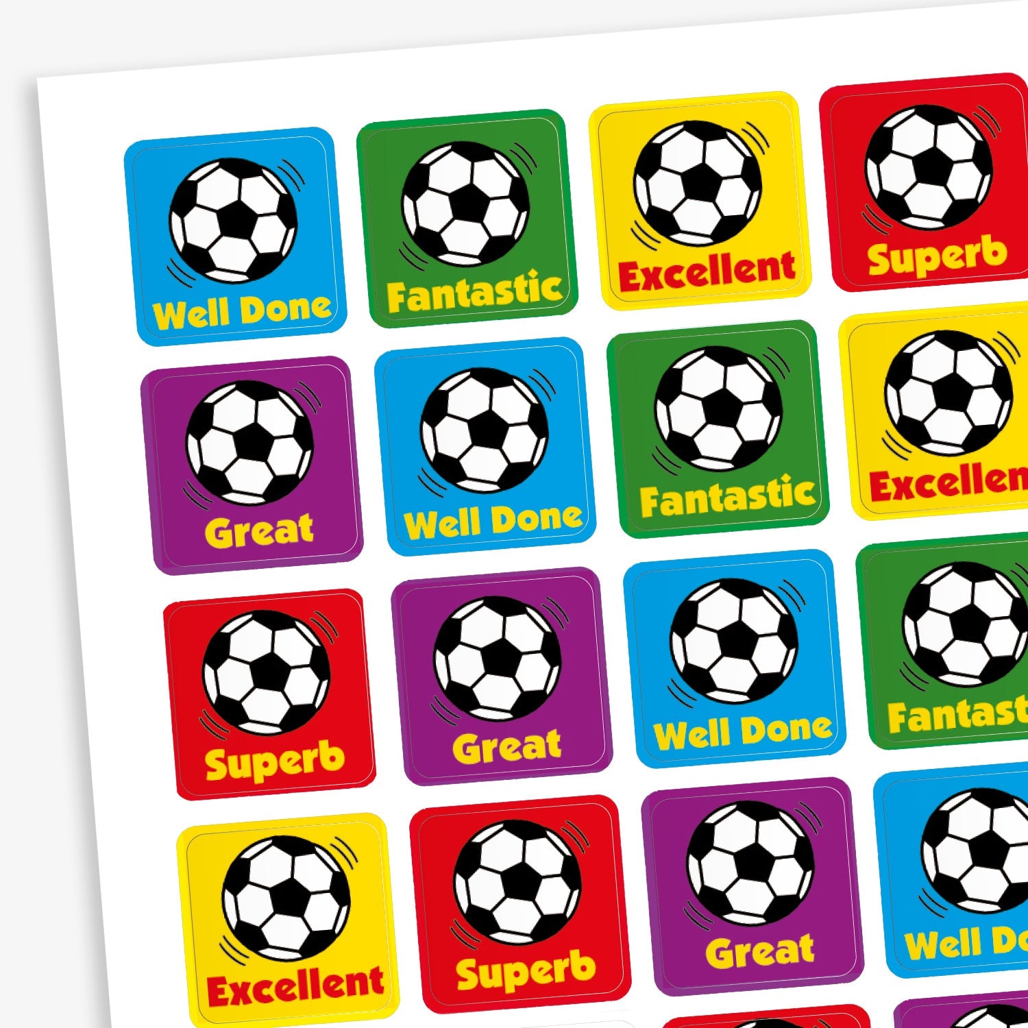 A sheet displaying 140 assorted 16mm square reward stickers in various bright colours, featuring motivational phrases such as 'Excellent', 'Well Done', and 'Great', alongside a black and white football.