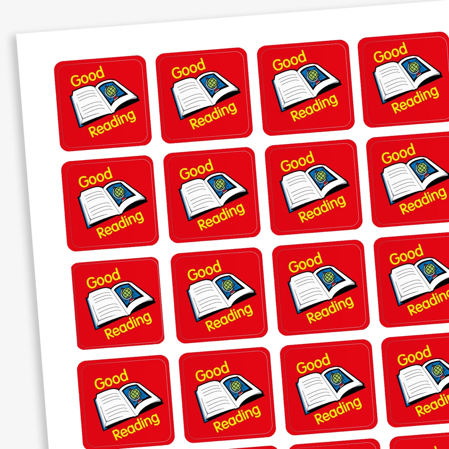 A sheet of 140 square 16mm reward stickers, each featuring the phrase 'Good Reading' in bold yellow text, set against a red background around an open book illustration.