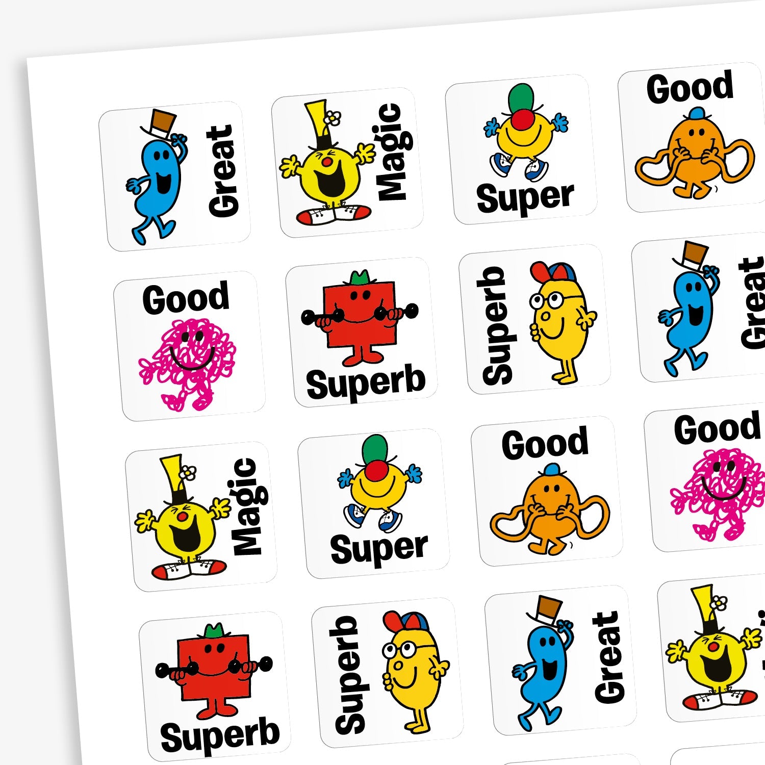 A sheet of 140 square stickers.  20mm in size each with different Mr Men characters, such as Mr Strong, Mr Tickle and Mr Messy. Text around the character inclues 'Magic', 'Superb', 'Good' and 'Great'.