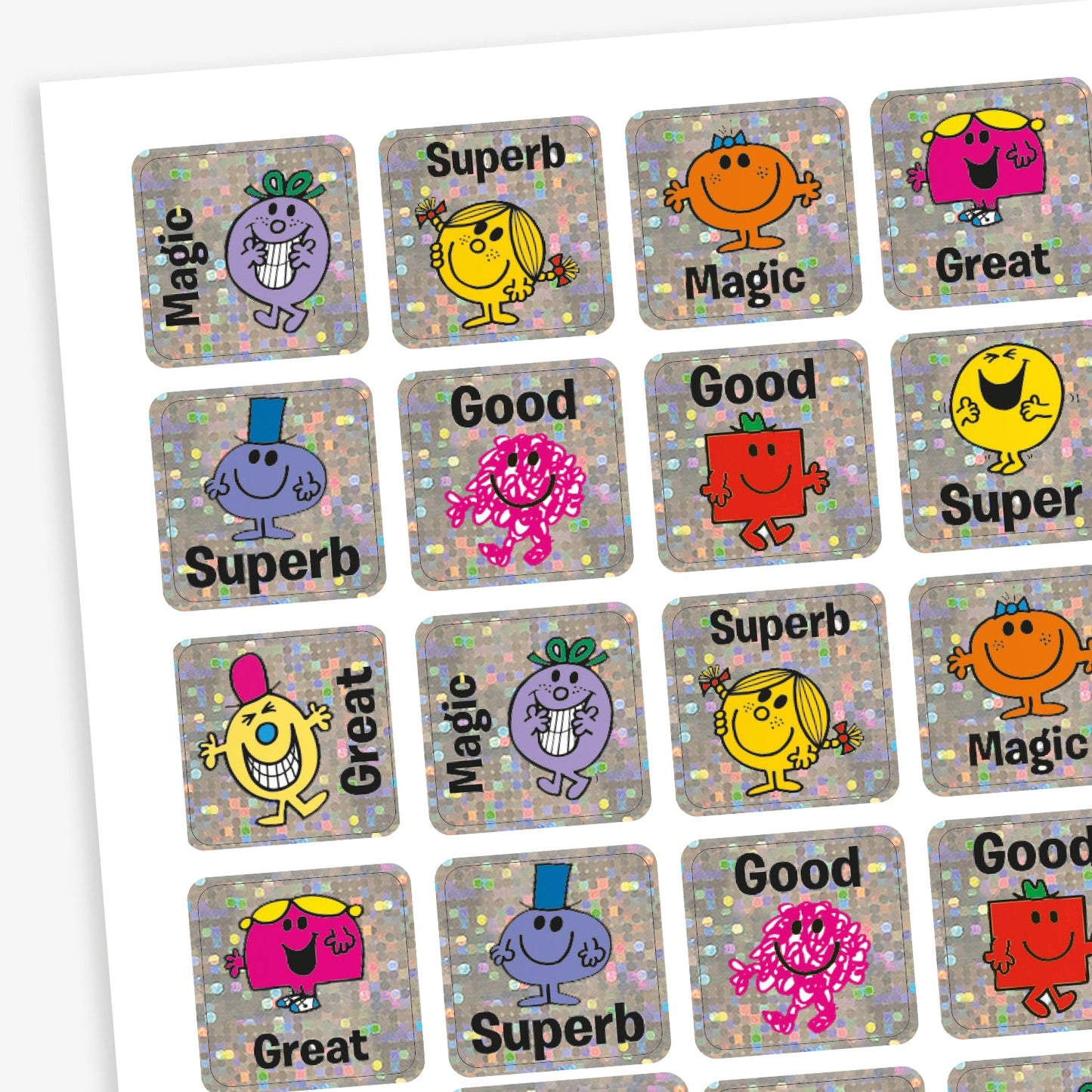 A sheet of 140 holographic silver square stickers.  20mm in size each with different Mr Men or Little Miss characters, such as Mr Strong, Mr Tickle, Little Miss Sunshine and Little Miss Giggles. Text around the character inclues 'Magic', 'Superb', 'Good' and 'Great'.