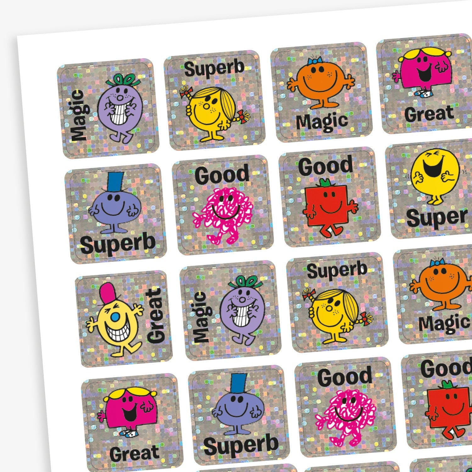 A sheet of 140 holographic silver square stickers.  20mm in size each with different Mr Men or Little Miss characters, such as Mr Strong, Mr Tickle, Little Miss Sunshine and Little Miss Giggles. Text around the character inclues 'Magic', 'Superb', 'Good' and 'Great'.
