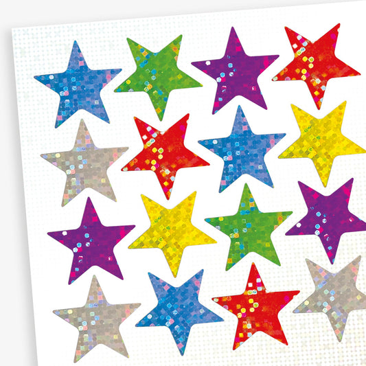 8 sheets of holographic, multi-coloured holographic stars.  Colours include blue, silver, green, purple, red and gold.  Each star is 20mm in size, 140 stars per sheet.