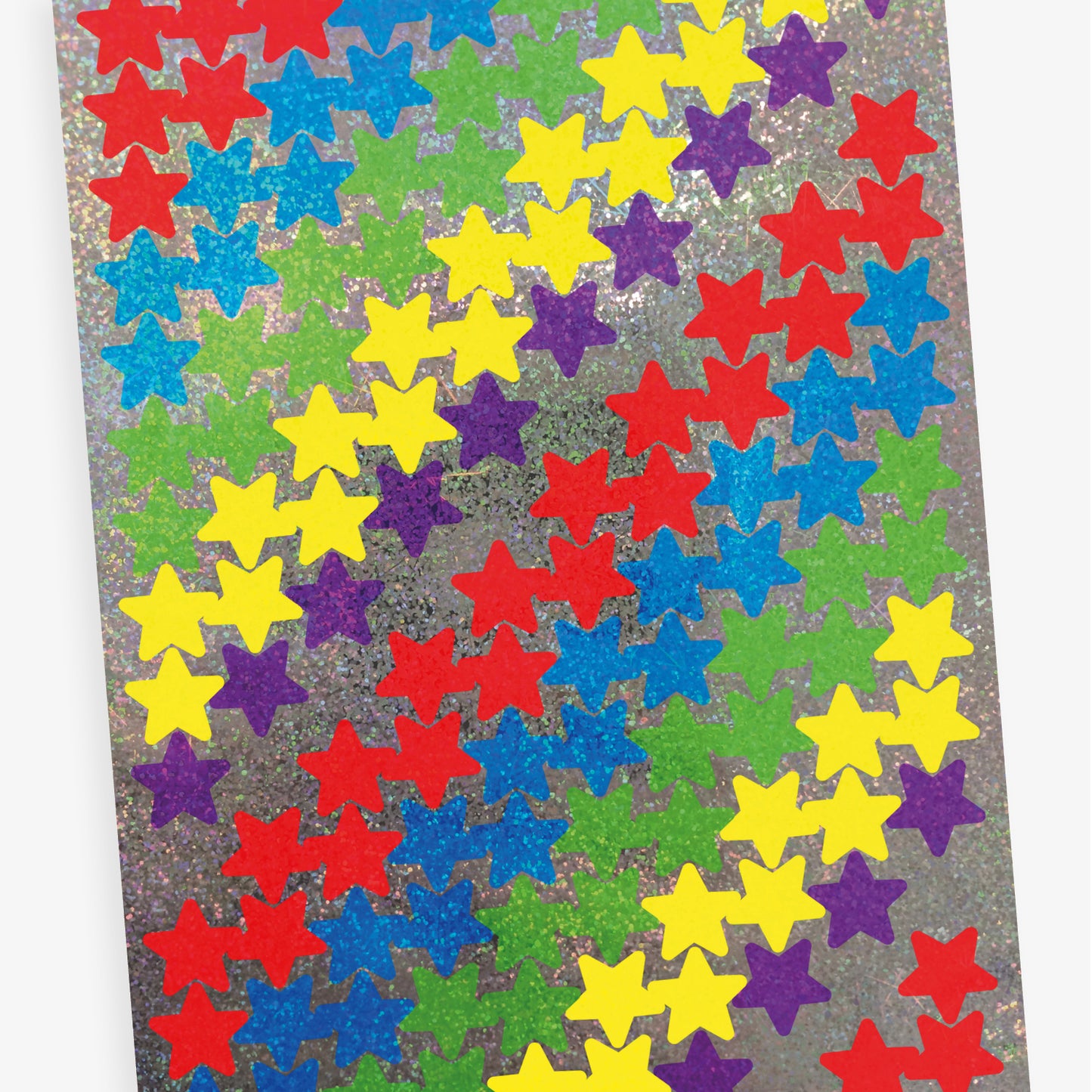 An overview of a sheet displaying 140 holographic star stickers.  20mm in size and varying colours: Silver, Yellow, Red, Purple, Blue and Green.
