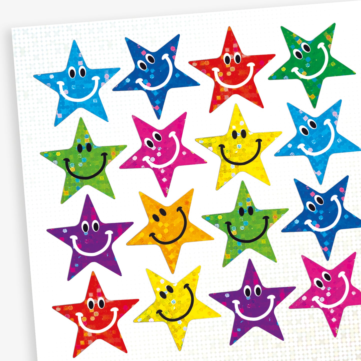 A sheet of colourful star shaped smiley face stickers with a holographic finish. Each sticker features a cheerful smiling face in different colours including blue, green, red, silver, purple and yellow.