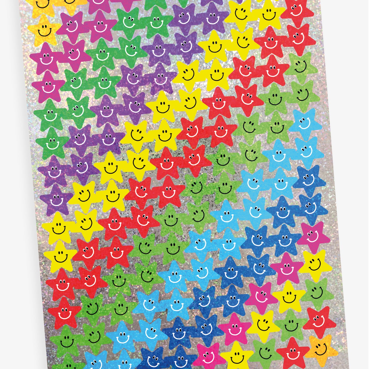 A sheet of colourful star shaped smiley face stickers with a holographic finish. Each sticker features a cheerful smiling face in different colours including blue, green, red, silver, purple and yellow.