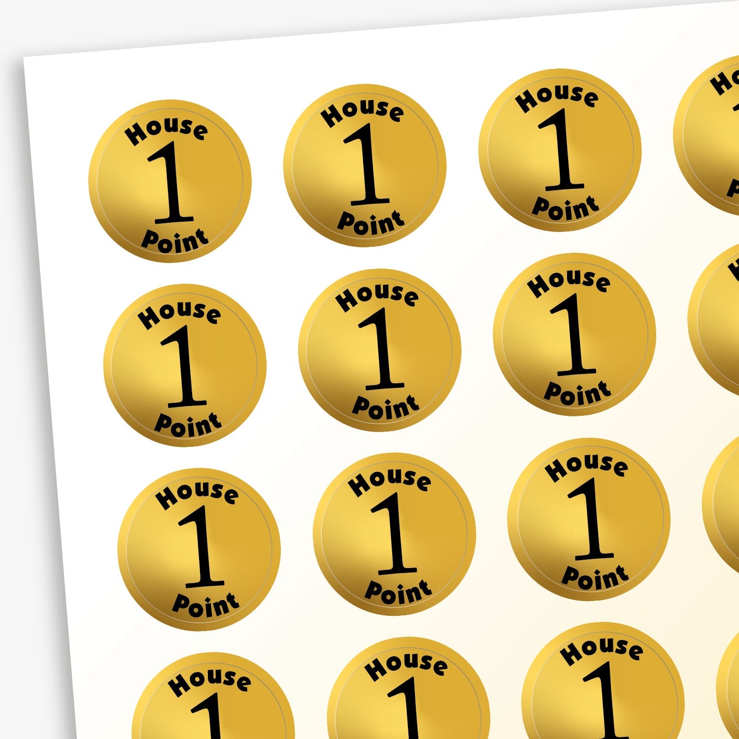 A sheet of 140 circular, metallic 16mm reward stickers, each featuring the phrase 'House Point' in bold text, set against a metallic gold background with a central '1' .