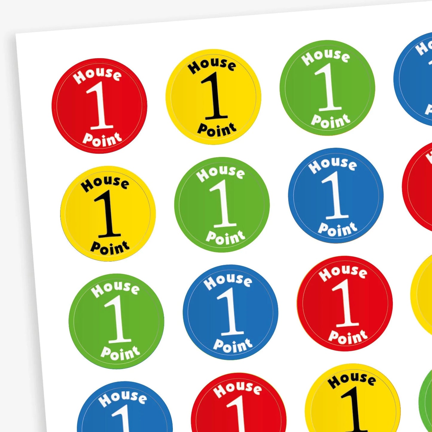 A sheet of 140 circular 16mm reward stickers, each featuring the phrase 'House Point' in bold text, set against a vibrant backgrounds of red, yellow, green or blue, with a central '1' .