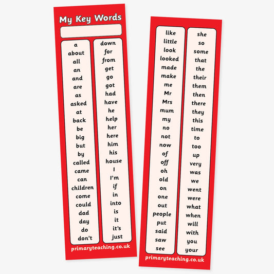 Double-sided red bookmarks titled 'My Key Words', each displaying a list of high-frequency words for early readers. The words are printed in clear black text on a white background and include common terms such as 'about', 'can', 'looked', 'went', and 'your'. These bookmarks are from primaryteaching.co.uk and are designed to support literacy development.